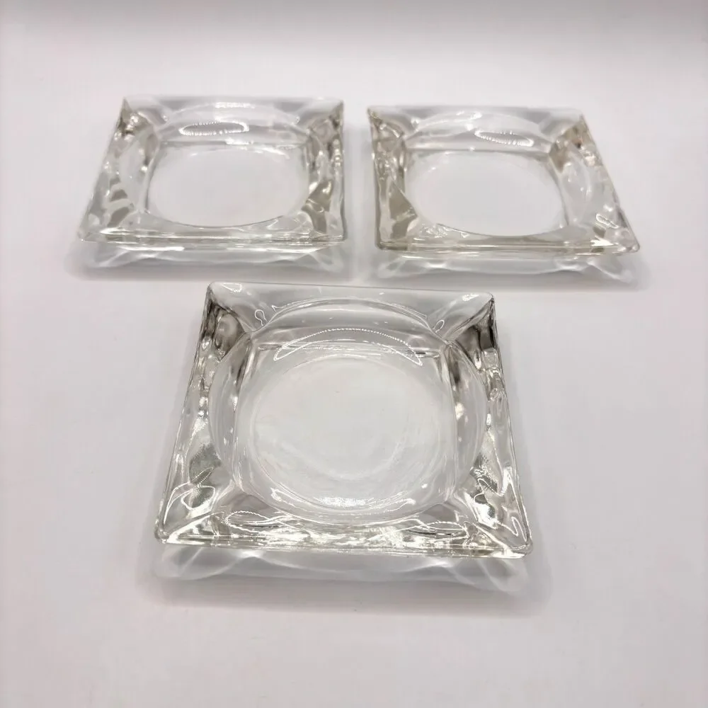 3 Vtg MCM Heavy Clear Glass Ashtray Square 3.5 x 3.5 Mid Century Modern Catchall